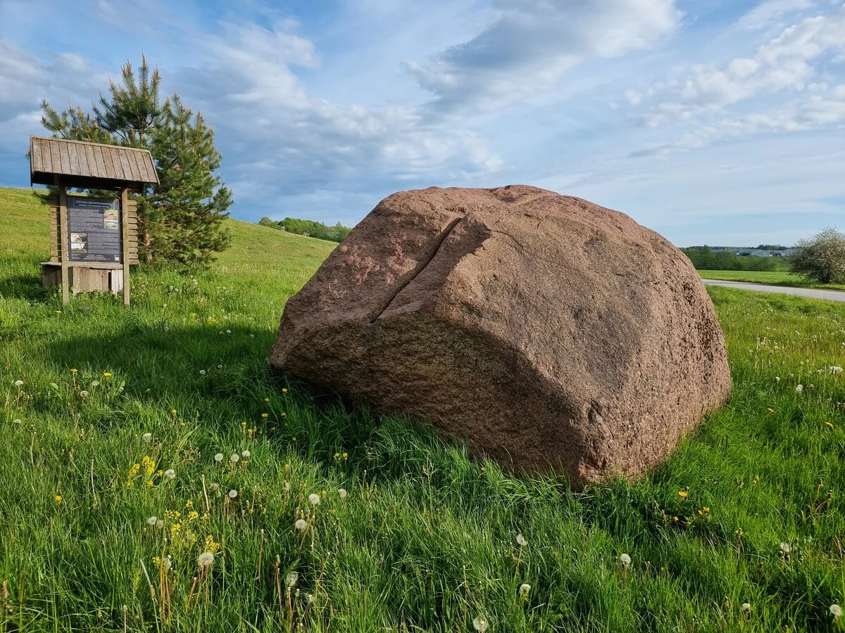 Odziņu bedrīšakmens. Redzama akmens sadalīšanai iekaltā rieva. 2025. gada maijs.