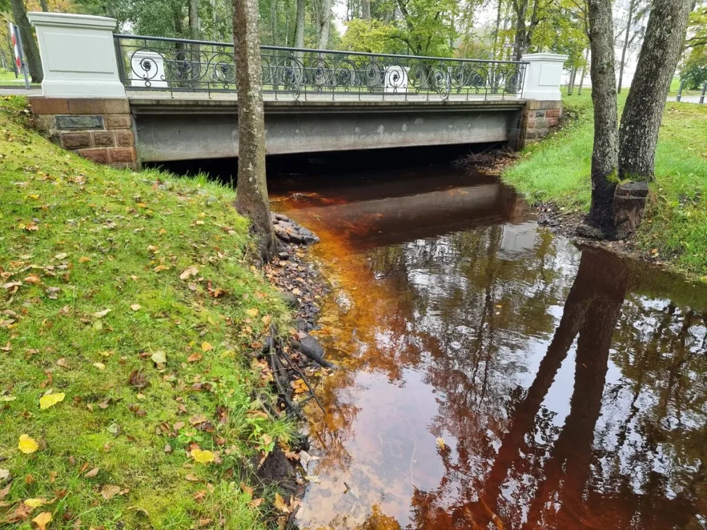 Miervalža Ķemera gatves tilta avots ir iekrāsojis upes krastu. 2025. gada oktobris.